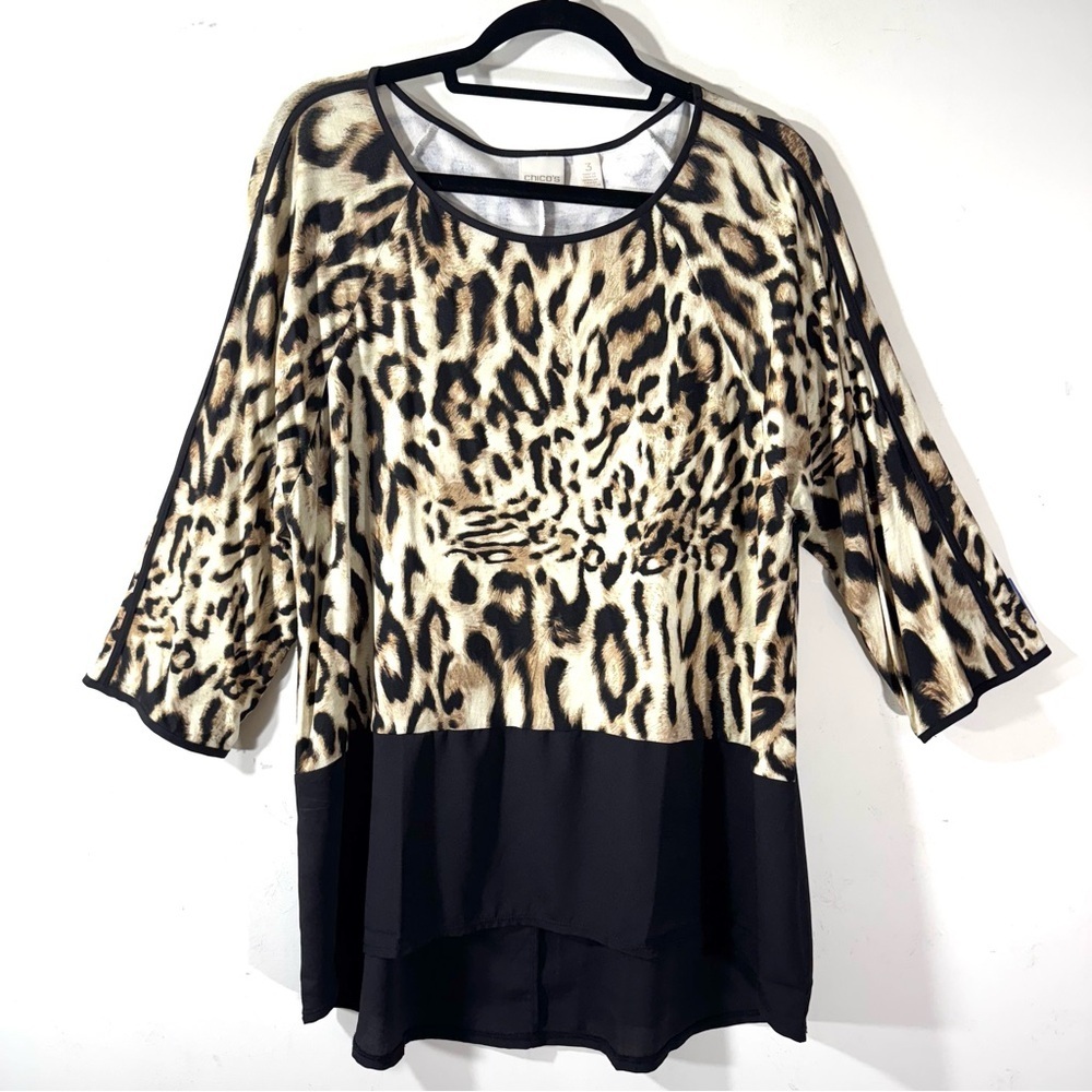 Chico’s leopard Tunic Black hem popover 3/4 sleeves
